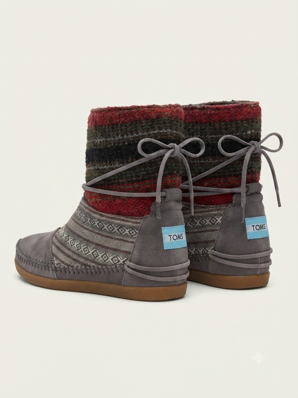 TOMS Gray Suede Booties with Red & Green Knit Shaft
